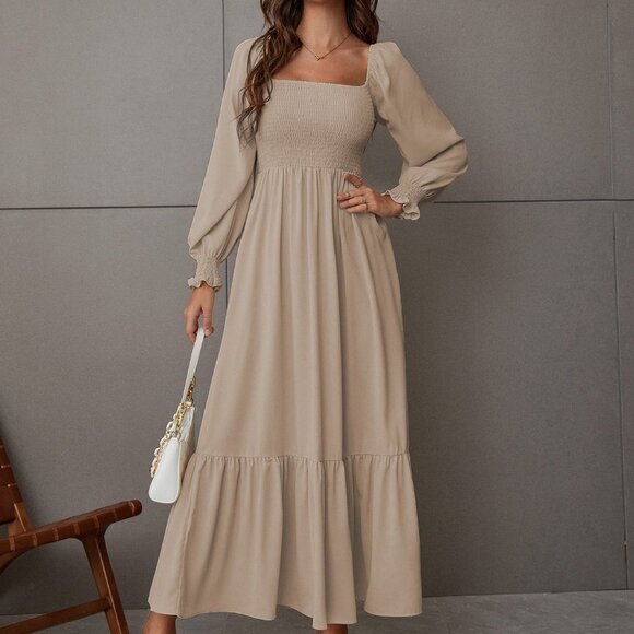 Khaki Boho Womens Square Neck Shirred Ruffle Hem Dress - Picture 5 of 5